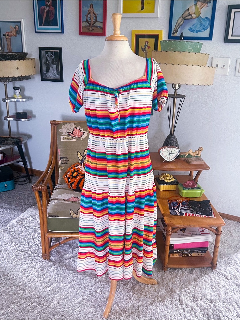 Vintage 1940s Style Dress | Rainbow Stripe | Peasant | XL 2XL | Volup | 70s